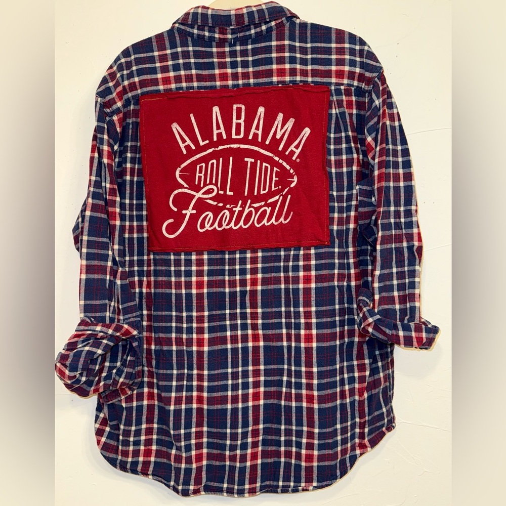NWT OOAK UPCYCLED ALABAMA ROLL TIDE GRAPHIC TEE & FLANNEL RED/WHITE/BLUE SZ